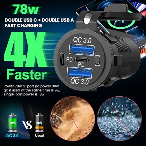 12V USB Charger with 4 Ports, Quick Charge 3.0 Ports 12V USB Outlet with Switch for Marine, Boat, Motorcycle, RV, Golf Cart (Pack of one)