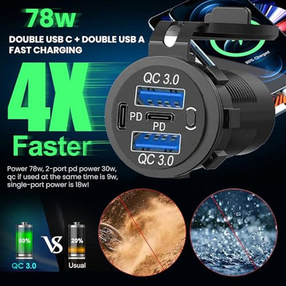 12V USB Charger with 4 Ports, Quick Charge 3.0 Ports 12V USB Outlet with Switch for Marine, Boat, Motorcycle, RV, Golf Cart (Pack of one)