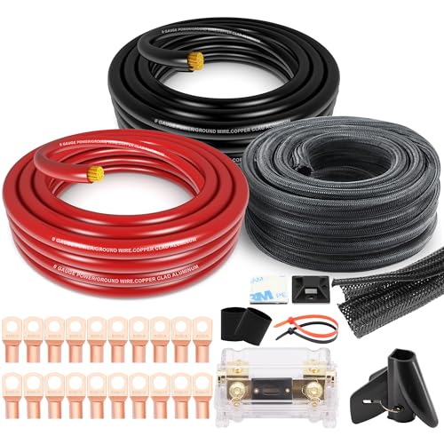 1/0 Gauge Wire CCA Power/Ground Cable 40FT Black/Red with lugs,250A ANL Fuse,1/2 inch Cable Split Sleeving,Self Adhesive Mounts Zip Ties kit - color: W/ Wire Loom kit