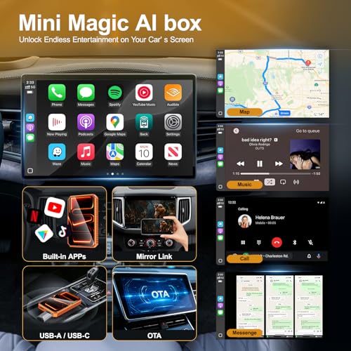 Wireless CarPlay Adapter Plug and Play for OEM Factory Cars, AI Magic Box Built-in Play Store Net-Flix YouTube TikTok & Screen Mirroring, HDMI USB-C Ports for Wireless CarPlay Converter
