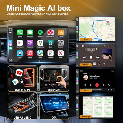 Wireless CarPlay Adapter Plug and Play for OEM Factory Cars, AI Magic Box Built-in Play Store Net-Flix YouTube TikTok & Screen Mirroring, HDMI USB-C Ports for Wireless CarPlay Converter