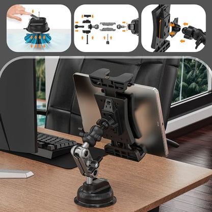 Tablet Mount, Car Tablet Holder Heavy Duty Super Suction Cup/Adhesive Base iPad Stand for Dash Windshield Wall Vehicle Desk, 360° Metal Bracket for 4.7-12.9" iPad Pro/Air/Mini/Galaxy