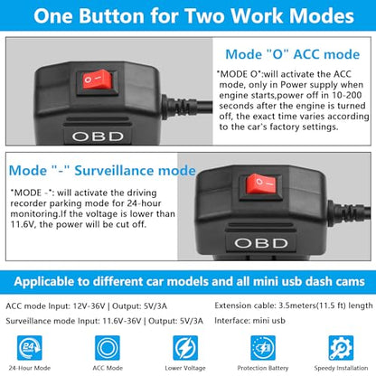 CERRXIAN OBD Power Cable for Dash Camera, OBD to Mini USB OBD Adapter Hardwire Charger Cable 24 Hours Surveillance/Acc Mode with Low Voltage Protection 12-24V to 5V 3A (11.5FT) (Straight mini USB)