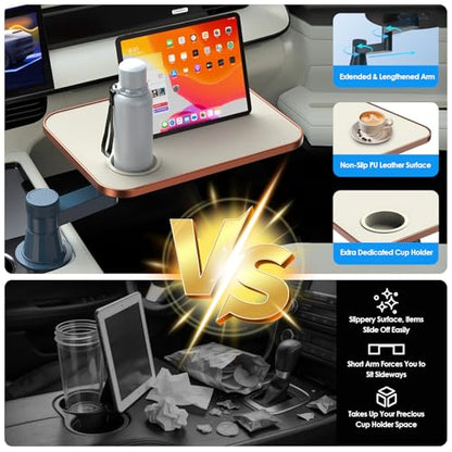 Car Tray& Car Desk for Laptop,Dual 360° Rotating,Anti Slip Leather Surface, Food Tray, Cup Holder Table Compatible with Tesla Model Y/3/S, Ford F150/Explorer/Maverick/Home Theater Seating (White) - color: White
