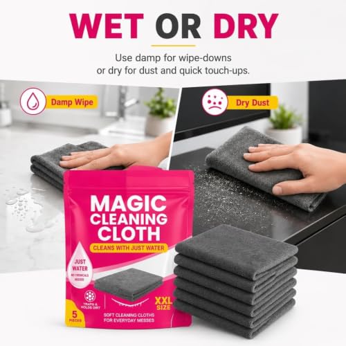 Genie Cloth Magic Cloth, Thick Microfiber, Streak‑Free for Windows & Glass, 5-pack for mirrors, Glass, Window, Kitchen, Stainless Steel, Cars & Screens Lint Free Microfiber Cleaning Cloths