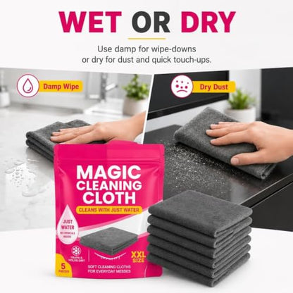 Genie Cloth Magic Cloth, Thick Microfiber, Streak‑Free for Windows & Glass, 5-pack for mirrors, Glass, Window, Kitchen, Stainless Steel, Cars & Screens Lint Free Microfiber Cleaning Cloths