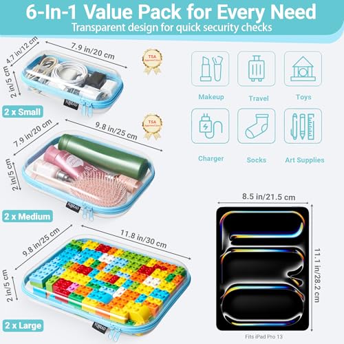 YQBRAO Clear Hard Shell Zipper Cases, 6 Multi-Size Organizers, Blue - color: Blue, size: 6 Pack (2L+2M+2S)