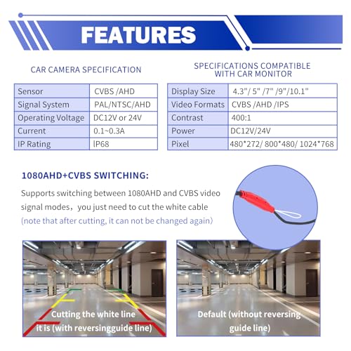 1080P Car Backup Camera IP68 Waterproof,HD AHD/CVBS Back Up Camera for Cars with Adjustable Bracket,170° Wide Angle Reverse Camera Universal Rear View Camera for Cars SUVs