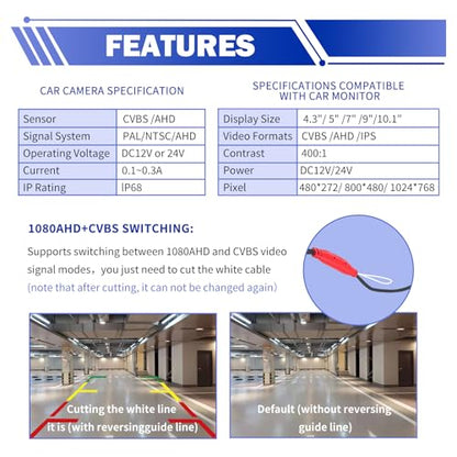 1080P Car Backup Camera IP68 Waterproof,HD AHD/CVBS Back Up Camera for Cars with Adjustable Bracket,170° Wide Angle Reverse Camera Universal Rear View Camera for Cars SUVs