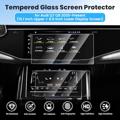 Canvcle 2PCS Screen Protector for 2019-2025 2026 Audi Q7 Q8 10.1 Inch Upper and 8.6 Inch Lower Touch Screen, Tempered Glass Navigation Display Screen Cover Infotainment Protective Film - size: 2019-Present Audi Q7 Q8 10.1 Inch + 8.6 Inch