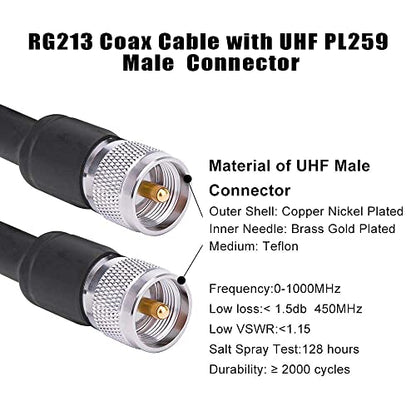 MOOKEERF CB Coax Cable - RG213 UHF Male to Male 15FT Low Loss RG-213 UHF Cable for Ham Radio/VHF Radio/SWR Meter/Antenna Analyzer - size: 15FT
