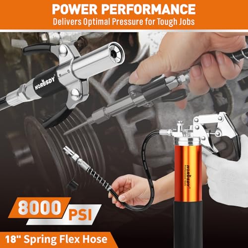 18-Piece 8000PSI Heavy Duty Grease Gun Kit with 14oz Grease, 2x11" Hoses, Flex Hose, Extension Pipes, Lock Coupler, Injector, Sharp Nozzle for Vehicle, Farm, Workshop, Marine, Easy Operation Tool