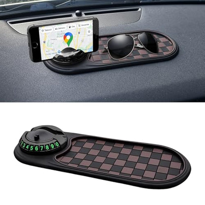 Multifunction Car Anti-Slip Mat, Car Anti Slip Mat Phone Holder, Dashboard Mobile Phone Holder with Temporary Parking Number, Rotatable Dashboard Mat for Sunglasses Keys Gadgets (Brown+Black) - color: Brown+Black