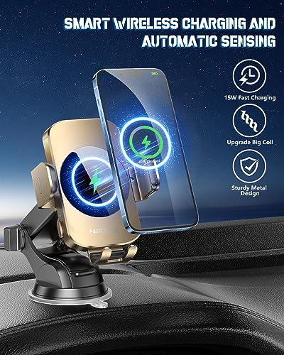 BothLin 3-in-1 Wireless Car Charger Mount, 15W Fast Charging Auto-Clamping Phone Holder for iPhone 17 16 15 14, Samsung Galaxy S24 S23, Dashboard, Vent & Windshield Car Mount - color: Amber Yellow
