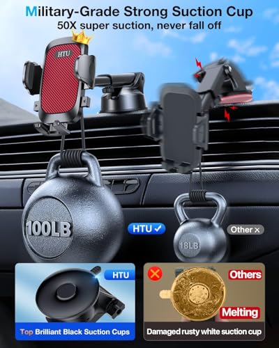 HTU Car Phone Holder【2026 Upgraded 100+LBS Suction & Safety Cert】 Cell Phone Car Mount for Truck Heavy Duty Phone Holder for Dashboard/Windshield/Vent for iPhone 17 16 Pro Max, Red - color: Red