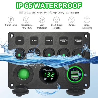 Upgraded 5 Gang Rocker Switch Panel - Dual QC 3.0 USB Charger, Digital Volmeter, 12V Outlet, Pre-Wired with Circuit Breakers for RV/Car/Boat/Truck, 2-Year Warranty (Green) - color: Green + Dual QC USB Charger