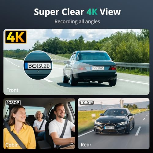 BOTSLAB 4K 3 Channel Dash Cam Front and Rear/Inside with Fuse Tap Hardwire Kit Type C, Dash Camera 24/7 Parking Mode, 3.18”Touch Screen Dashcam, Built-in GPS 5.8GHz WiFi Voice Control, Free 128GB Card