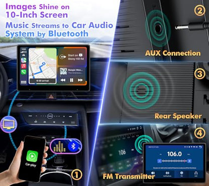 10" Touch Screen for Car, Used for Wireless Apple Carplay Android Auto MirrorLink, Portable Car Stereo with Bluetooth 2K Front Dashcam, 1080P Rear Dashcam Backup Camera