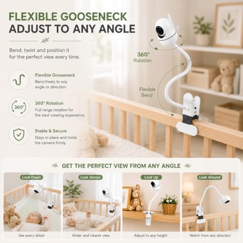 SZAOYU 15.7 inches Baby Monitor Mount Compatible with HelloBaby HB6560/HB65/HB6550/HB6550 pro/HB66/HB248,ANMEATE SM935E Baby Monitor Camera Flexible Clip Clamp Mount Long Gooseneck Arm