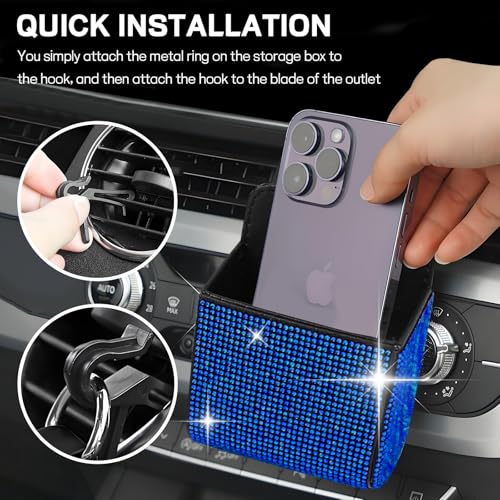 Car Vent Storage Organizer, Rhinestone Car Air Vent Leather Storage Pouch, Bling Automotive Hanging Bag Pocket Case, Universal Auto Mount Cell Phone Sunglasses Coin Holder (Blue) - color: Blue