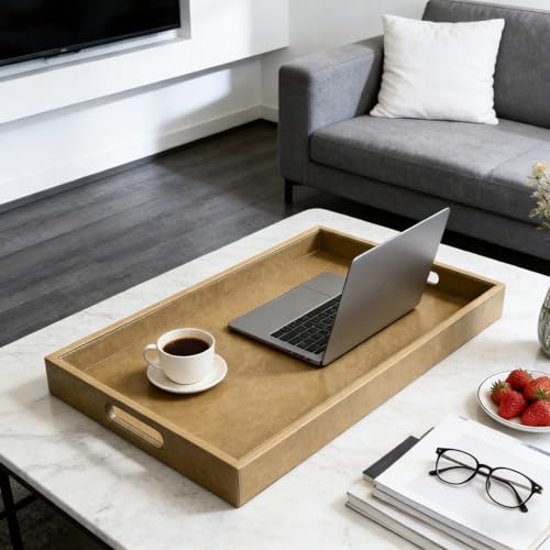 30 x 24 inches Rectangle Leather Ottoman Serving Tray with Hole Handles, Extra Large Modern Service Tray for Living Room, Coffee Table, Bed, Tea, Food, Countertop, Kitchen, Dinner, Picnic (Brown) - color: Brown, size: 30" x 24" x 2"