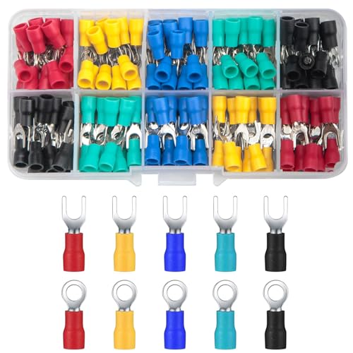 200 Pcs Electrical Insulated Wire Connectors Kit, Wire Terminals Lug Set, Mixed Ring Spade Butt Forks Quick Disconnect Crimp Cable Terminals Connectors for Home Automotive Wiring
