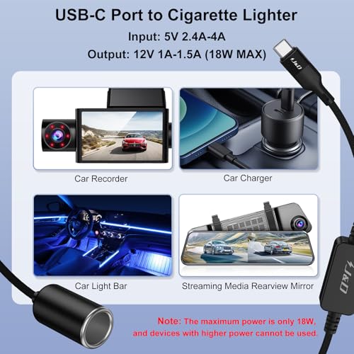 J&D USB C Male to 12V Car Cigarette Lighter Socket Female Converter Cable, 12V 18W Power Cable for Dash Cam, GPS, Car LED Light Strips, Black, 1 ft - color: Black, size: 1 ft