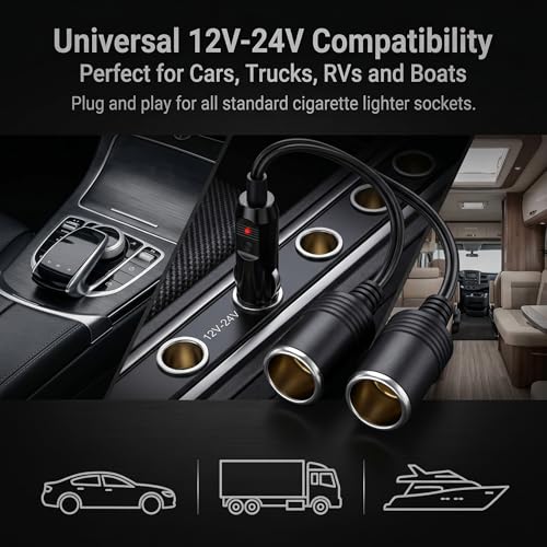 Car Cigarette Lighter Splitter, 12 V 18AWG High-temperature Resistant 1 to 2 Splitter, Plug-and-play Dual Cigarettes Lighter Extension Cord with Fuse, for Most Cars Trucks SUVs (Black)