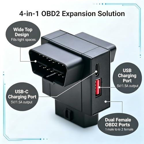 iKKEGOL OBD2 Splitter Adapter, OBD II 16 Pin 1 Male to 2 Female Extension Cable with USB & USB-C Charging Ports, OBD2 Y Splitter 2 Way Dual Converter for Diagnostic Scanner Dash Cam (Top Widest) - color: Top Widest