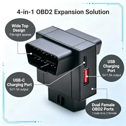 iKKEGOL OBD2 Splitter Adapter, OBD II 16 Pin 1 Male to 2 Female Extension Cable with USB & USB-C Charging Ports, OBD2 Y Splitter 2 Way Dual Converter for Diagnostic Scanner Dash Cam (Top Widest) - color: Top Widest