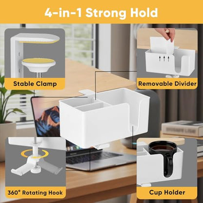 4-in-1 Clip On Desk Cup Holder, Fits up to 40oz cups - Mountable Holder with Adjustable Divider & 360° Rotating Hook - No Spill Clamp On Drink Holder Attachment - for Desk Chair Table Bed Tray - White - color: White - 4" W Dual Cup