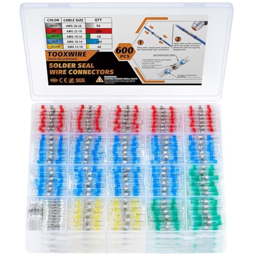 600PCS Solder Seal Wire Connectors, Heat Shrink Wire Connectors Kit, Waterproof Heat Shrink Butt Connectors for Marine Automotive Boat Truck RV Wiring, AWG 26-10, 5 Sizes