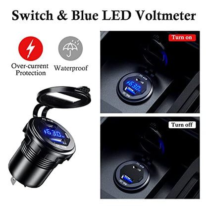 PD 45W USB C Quick Charger 18W USB 3.0 Charger Socket Waterproof with Switch LED Voltmeter and Wire Fuse DIY Kit for 12V/24V Car Boat Marine ATV Bus Truck RV Motorcycle