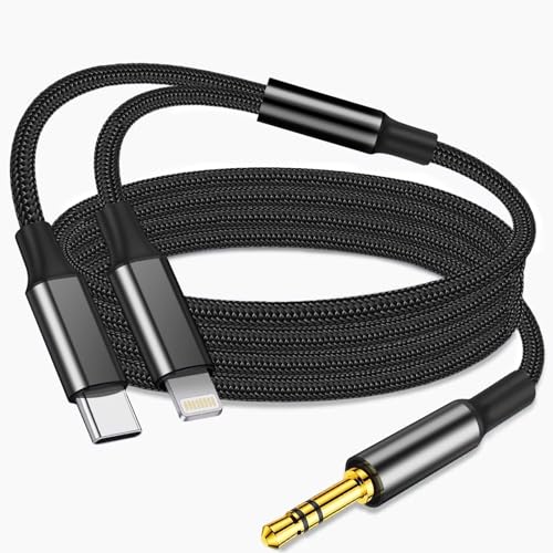 Aux Audio Cable for iPhone, 2 in 1 USB C to 3.5mm Aux Audio Lightning to 3.5mm Audio Cable Fit with iPhone 16 15 Plus/14/13/12/11/XR, Galaxy S24/S23/S22, Pixel 8/7/6/5, iPad to Car Stereo Speaker 4FT - color: Black