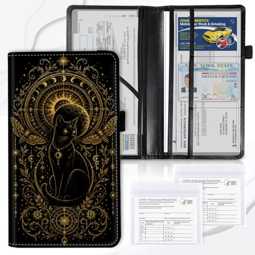 Car Registration and Insurance Card Holder Wallet, Gothic Celestial Black Cat Vehicle Document Organizer for Glove Box, Auto License & ID Card Holder Case, Slim Multi-Slot Car Paper Organizer - color: Gothic Celestial Black Cat