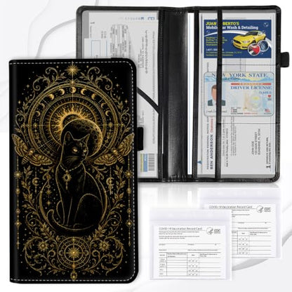 Car Registration and Insurance Card Holder Wallet, Gothic Celestial Black Cat Vehicle Document Organizer for Glove Box, Auto License & ID Card Holder Case, Slim Multi-Slot Car Paper Organizer - color: Gothic Celestial Black Cat