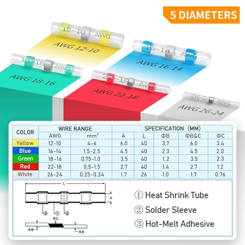 600PCS Solder Seal Wire Connectors, Heat Shrink Wire Connectors Kit, Waterproof Heat Shrink Butt Connectors for Marine Automotive Boat Truck RV Wiring, AWG 26-10, 5 Sizes