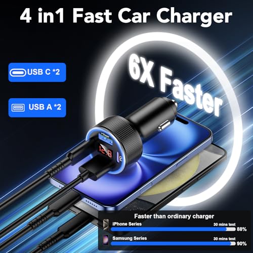 Car Charger USB C Fast Charge, 4 Port 78W Metal Car Phone Charger with Voltmeter, 2 USB-C & 2 USB-A Cigarette Lighter USB Charger Adapter for iPhone 17 16 15 Pro Max, Galaxy S26 S25, iPad - color: Black