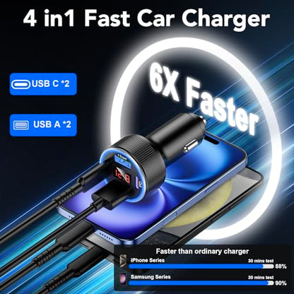 Car Charger USB C Fast Charge, 4 Port 78W Metal Car Phone Charger with Voltmeter, 2 USB-C & 2 USB-A Cigarette Lighter USB Charger Adapter for iPhone 17 16 15 Pro Max, Galaxy S26 S25, iPad - color: Black