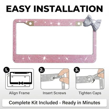 Wanheart 1 Pack Pink Bling License Plate Frame with White Corner Bow - color: Pink Frame + White Bow