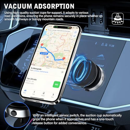 360 Rotatable Car Magnetic Phone Holder,Electric Vacuum Magnetic Suction Car Phone Mount,Magnetic Adsorption Double Cell Phone Holder-Sided Strong Suction for Car Mirro Gym All Smooth Surface (Black) - color: Black