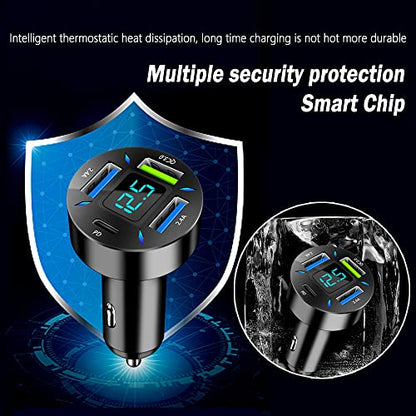 Car Charger 66W Super Fast Charging with USB PD&QC 3.0(Voltmeter&LED Lights) Universal Quick Charge for 12-24V Car Cigarette Lighter Plug,Compatible with iPhone 14 13 12,S22 S21 S20,iPad(Black) - color: Black