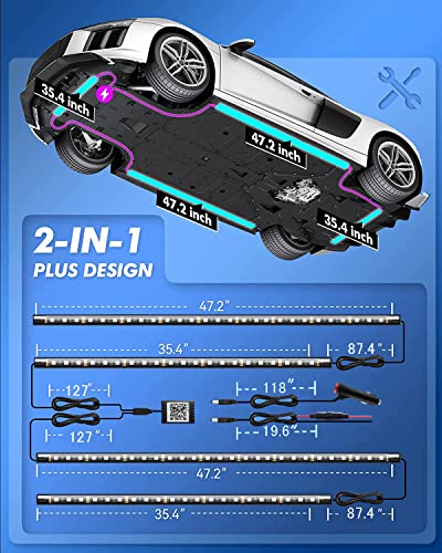 Smart RGB Car Underglow Kit with App & RF Remote - IP67 Waterproof, 16 Million Color LED Light Strips, Music Sync, Universal Fit for All Cars, Trucks, Vans - 12V DC Exterior Lighting