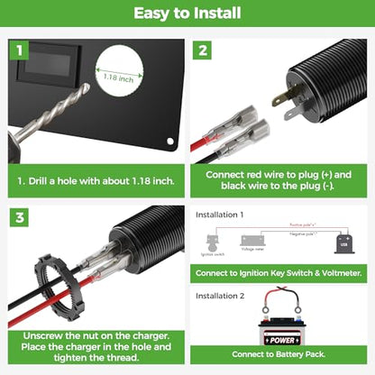 10L0L 9V-55V Input Golf Cart Quick Charge 3.0 Dual USB Charging Socket,2 in 1 USB Ports & Digital Voltmeter Universal for Club Car,EZGO and Yamaha,Metal Shell Safe Charge Outlet - color: Black