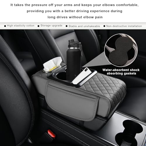 Car Center Console Armrest Pillow, 5-in-1 Armrest Cover with 2 Storage Bags Tissue Box Cup & Phone Holder, Comfy Arm Rest Cushion Leather Vehicle Middle Console Organizer (Gray, Embroidered) - color: Gray, Embroidered
