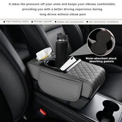 Car Center Console Armrest Pillow, 5-in-1 Armrest Cover with 2 Storage Bags Tissue Box Cup & Phone Holder, Comfy Arm Rest Cushion Leather Vehicle Middle Console Organizer (Gray, Embroidered) - color: Gray, Embroidered