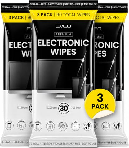 EVEO Electronic Wipes Screen Cleaner - Screen Wipes TV Screen Cleaner Wipes, Computer Screen Wipes, Laptop Screen Cleaner, ipad & Monitor Cleaner, Screen Cleaning Wipes - [90 Wipes + Microfiber Cloth] - size: 1 Count (Pack of 90)