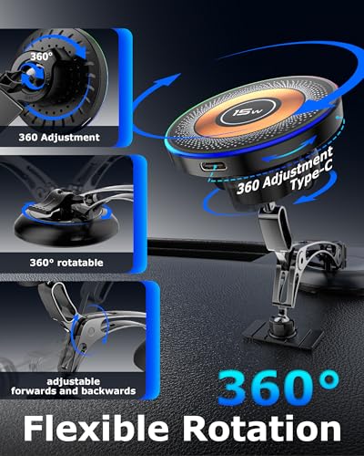 ZBF Magnetic Wireless Charging Car Phone Holder with 15W Fast Charging & Strong Vacuum Suction, 360° Rotatable Dashboard & Windshield Mount for Magsafe iPhone 17/16/15/14/13 Android Galaxy S24/S23/S22 - style: Upgraded Charging