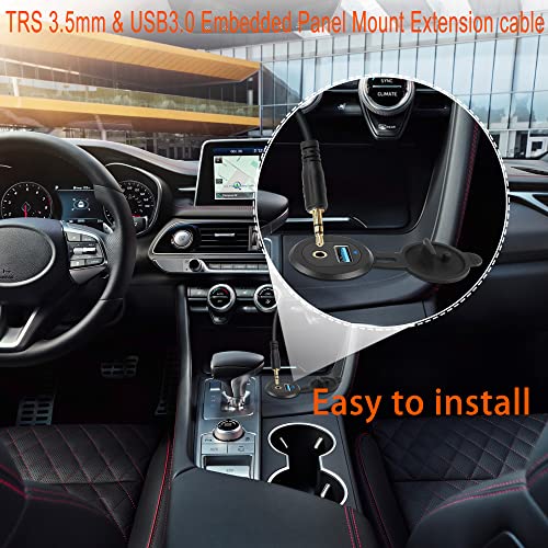QIANRENON USB3.0 & 3.5mm Audio Threaded Fixed Embedded Car Waterproof Cable 5Gbps TRS 3.5mm & USB3.0 Dashboard Panel Mount Extension Cable, LED Lights, Al Housing, for Car Boat Motorbike,2M/6.5ft