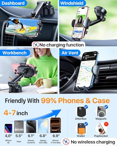 HTU Car Phone Holder【2026 Upgraded 100+LBS Suction & Safety Cert】 Cell Phone Car Mount for Truck Heavy Duty Phone Holder for Dashboard/Windshield/Vent for iPhone 17 16 Pro Max, Dark Black - color: Dark Black